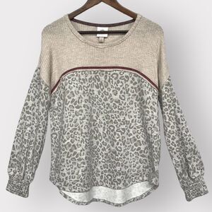 Knox Rose Shirt Top Women L Gray Large Cat Animal Print Long Sleeve‎ Knit S42